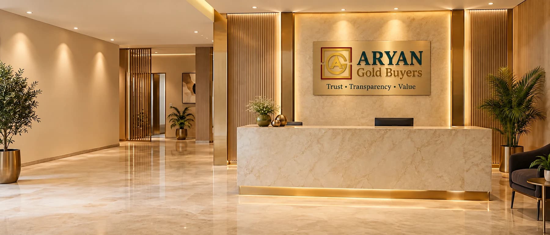 Reception with a brass Aryan Gold Buyers sign mounted on the wall, reading Trust, Transparency and Value