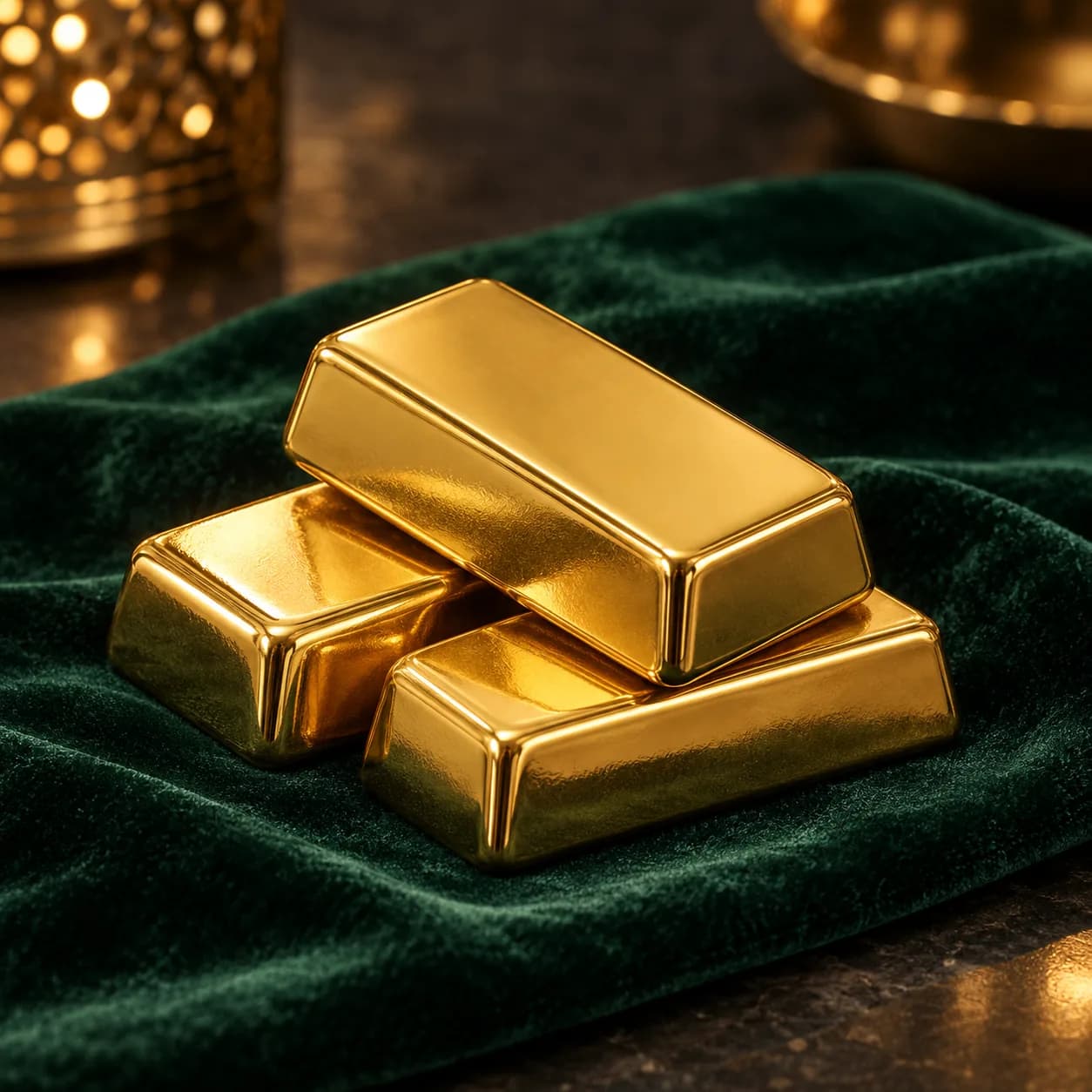 Gold bars stacked on deep green velvet