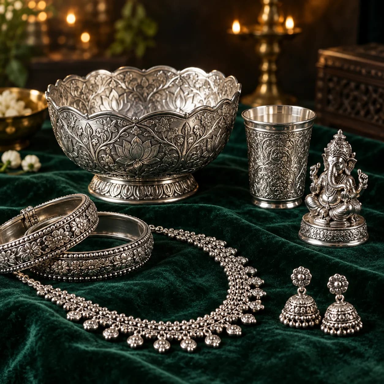 Silver vessels and jewellery