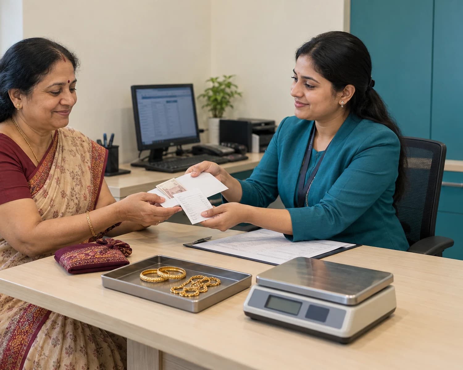 Customer receiving payment and a sale receipt after selling her old gold at a valuation office