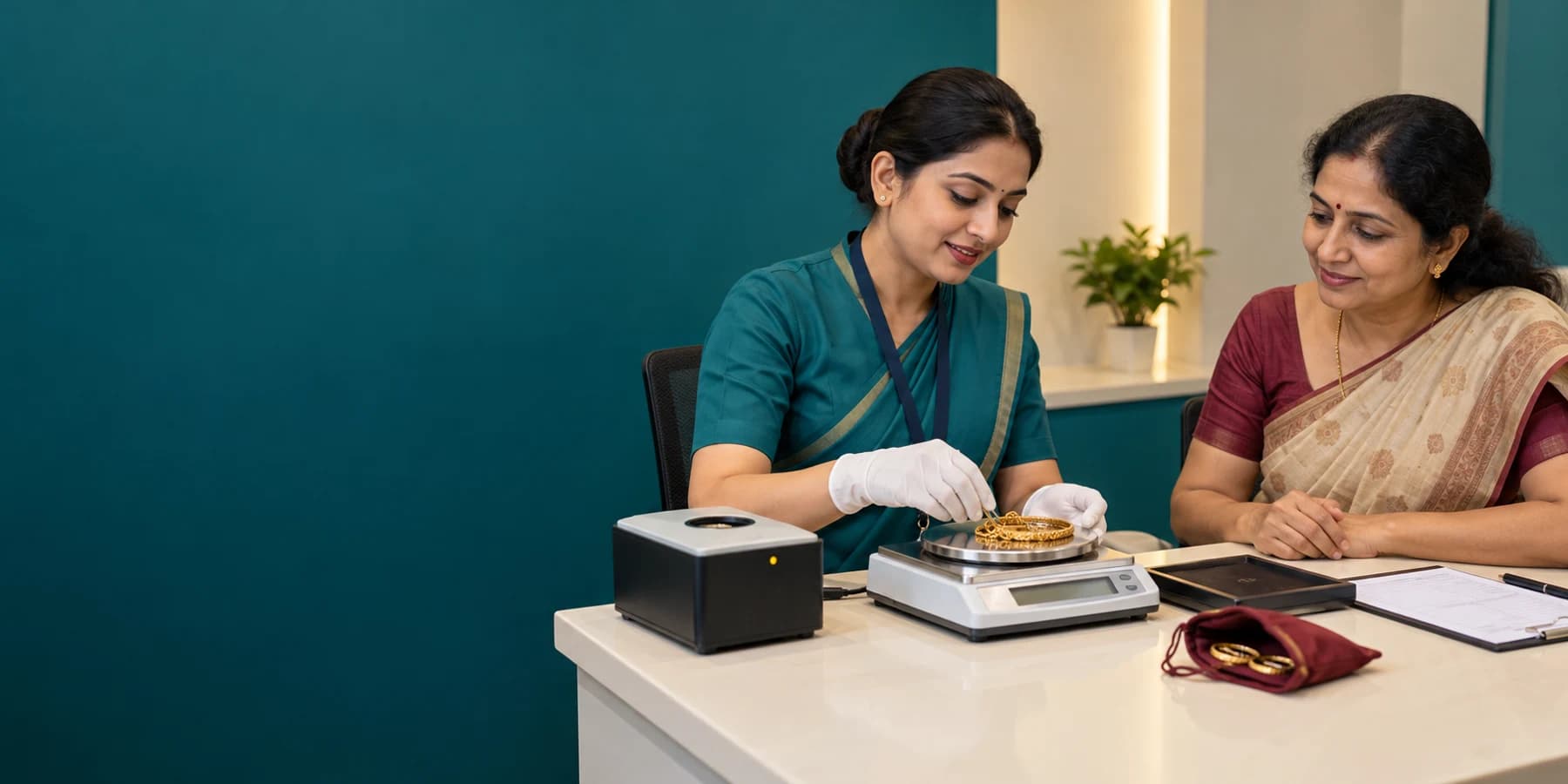 Customer selling her old gold jewellery to a gold buyer after weighing and valuation
