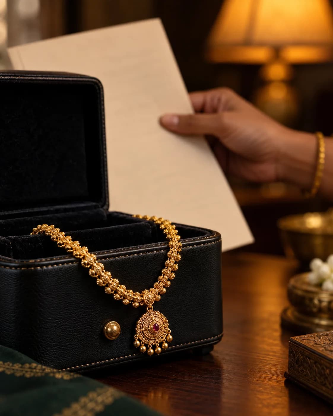 Gold necklace on a jewelry case beside a loan document