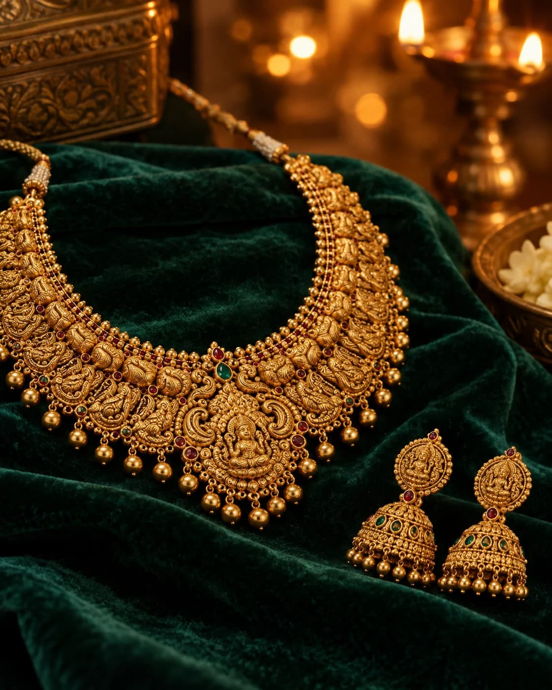 Ornate gold necklace and earrings on emerald velvet