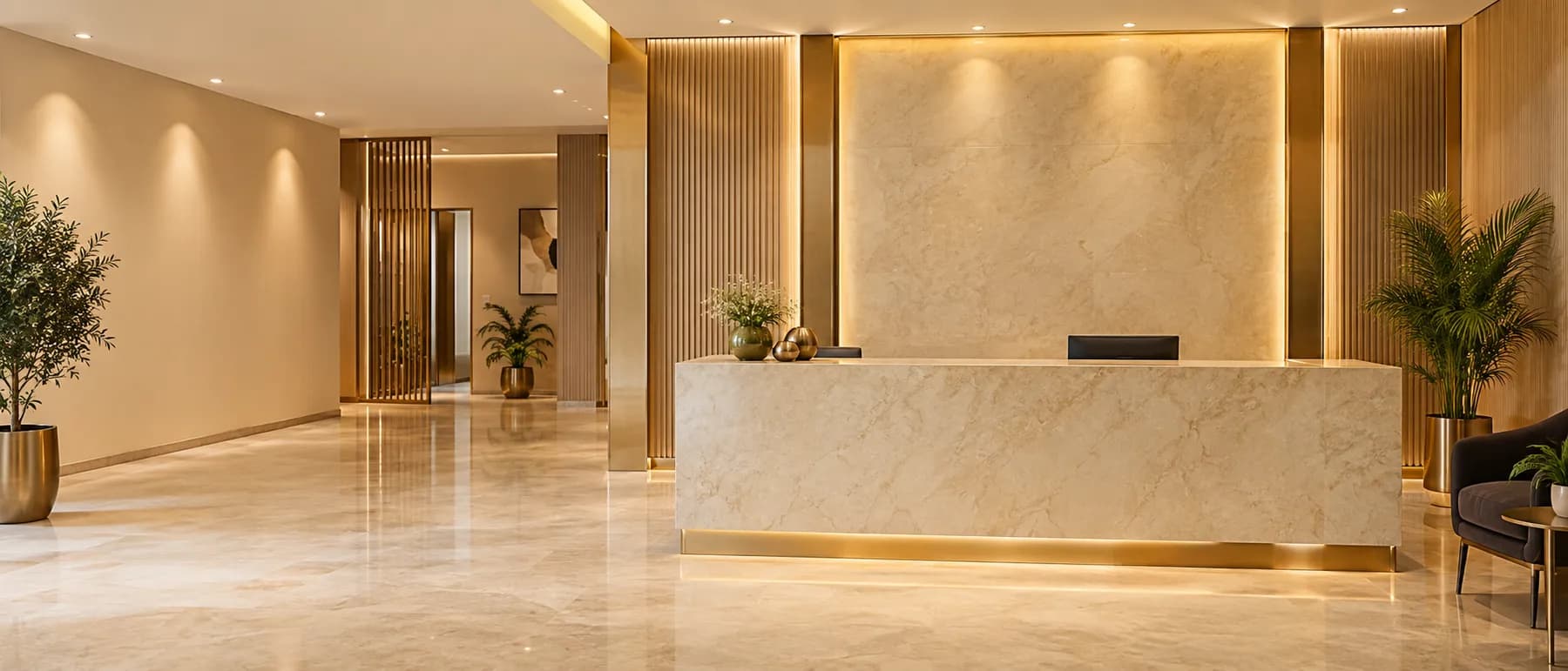 Warm reception interior with a cream counter and gold accents