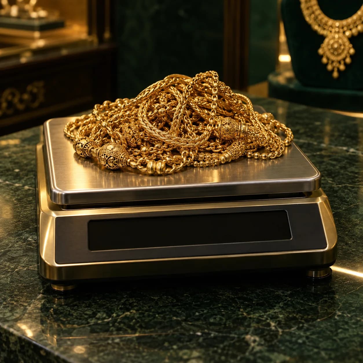 Gold jewellery on a digital weighing scale